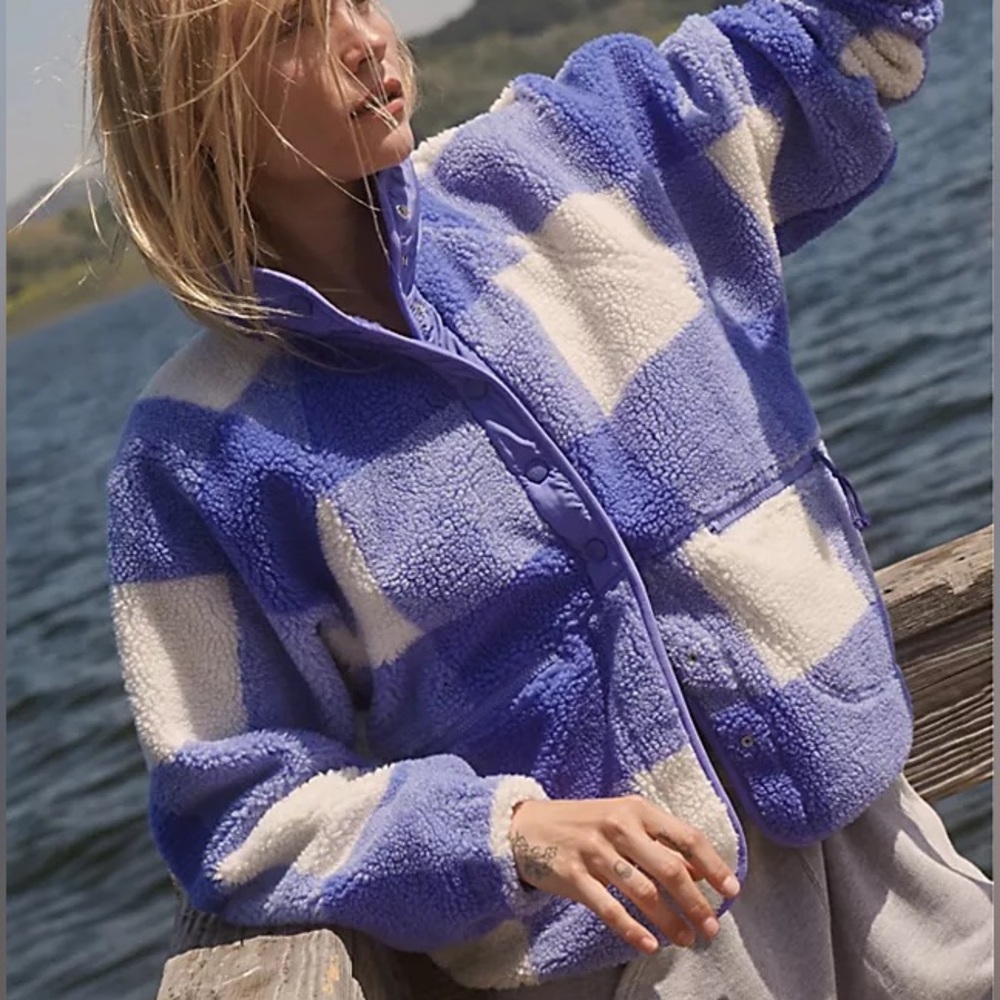 Free People Hit the Slopes Blue Iris Gingham Printed Fleece Jacket Size Small